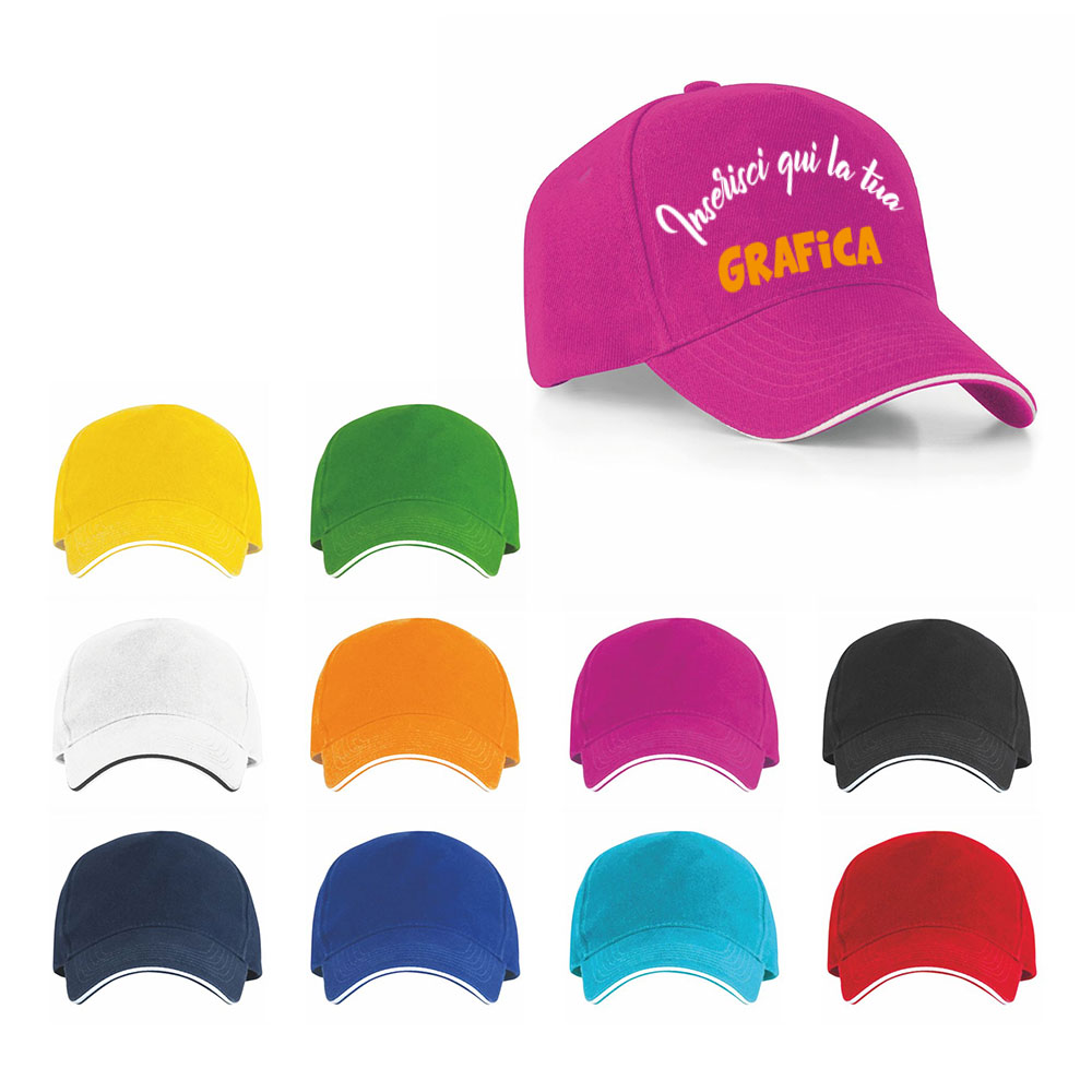 Assortimento colori cappellini 5 pannelli personalizzati con visiera sandwich e chiusura velcro