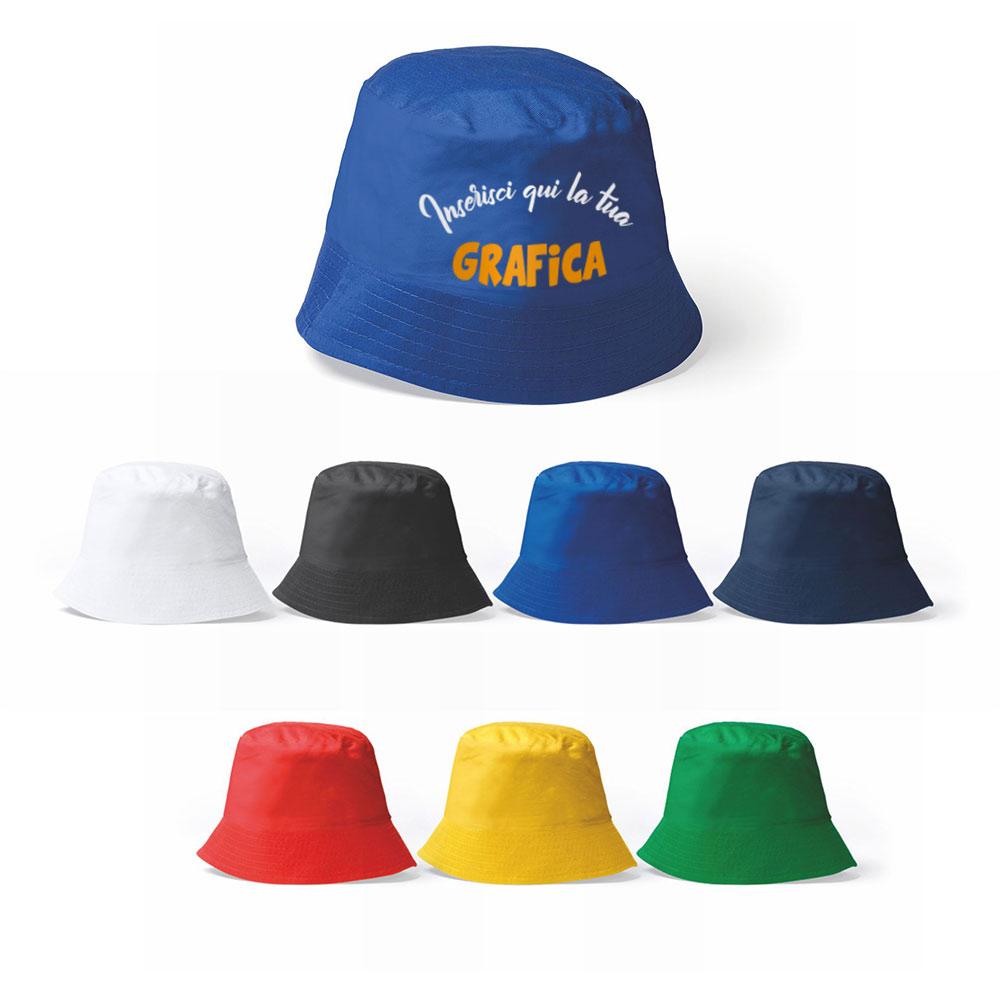 Gamma colori cappelli stile bob personalizzabili in cotone bianco nero blu giallo rosso verde