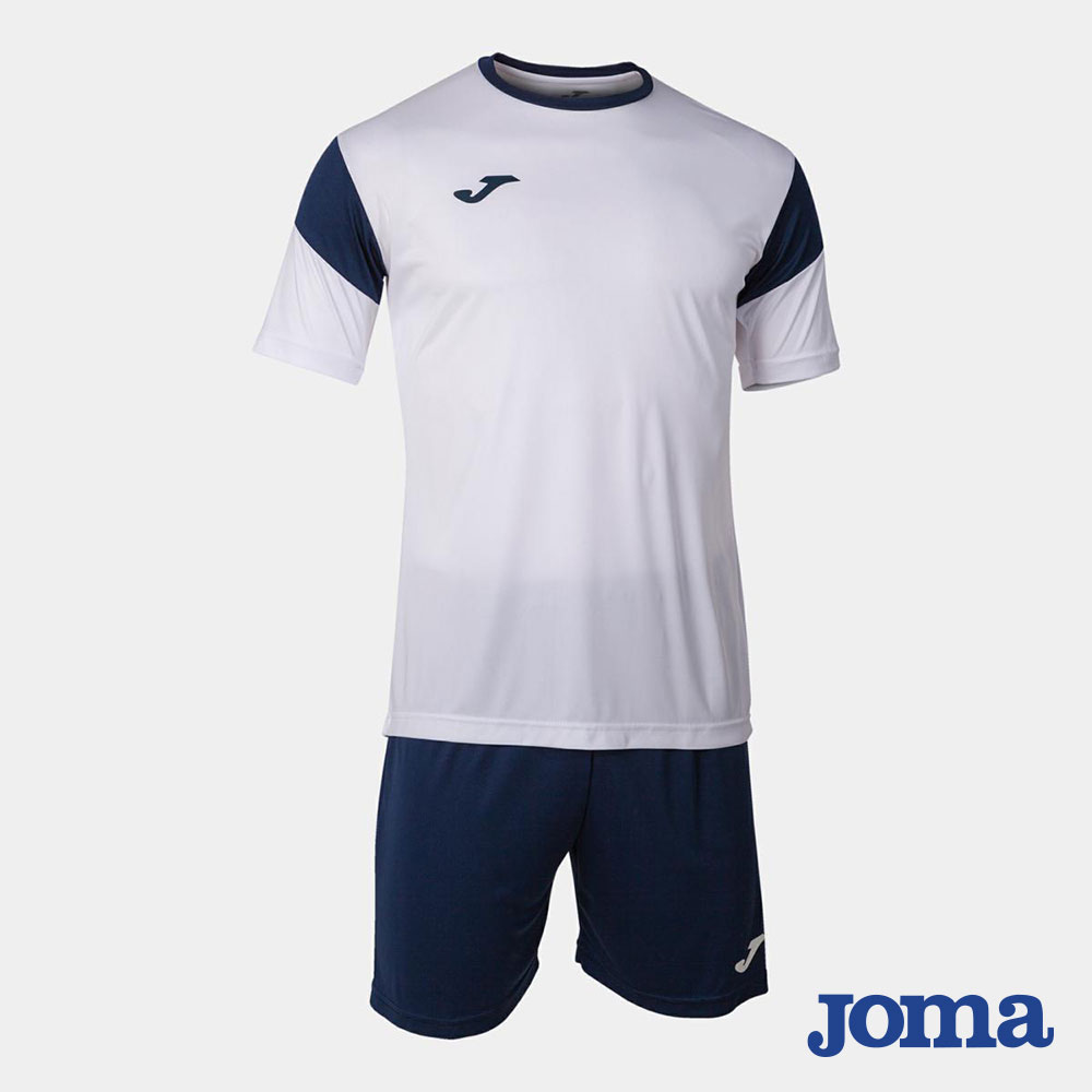 Kit calcio Joma Phoenix bianco e blu navy con maglia bicolore a maniche corte e pantaloncini blu navy