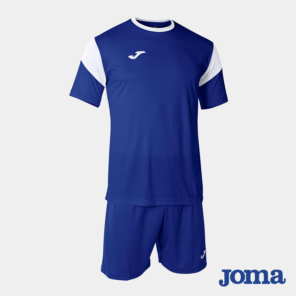 Kit calcio Joma Phoenix blu royal e bianco con maglia bicolore a maniche corte e pantaloncini blu royal