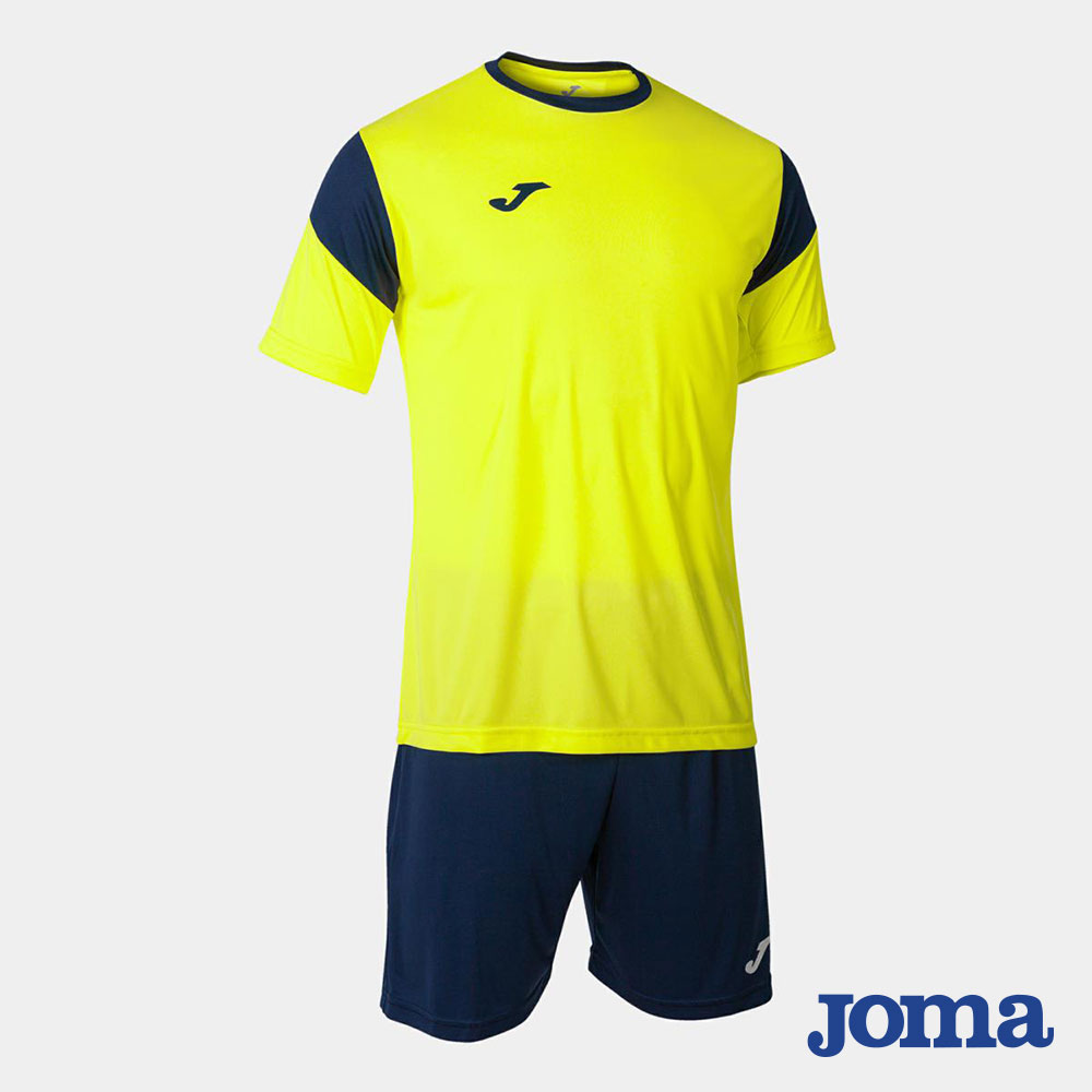 Kit calcio Joma Phoenix giallo fluo con maglia bicolore a maniche corte