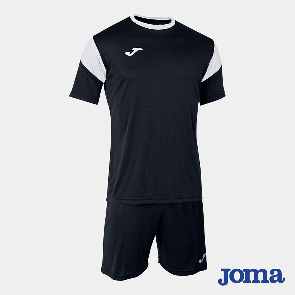 Kit calcio Joma Phoenix nero e bianco con maglia bicolore a maniche corte e pantaloncini neri