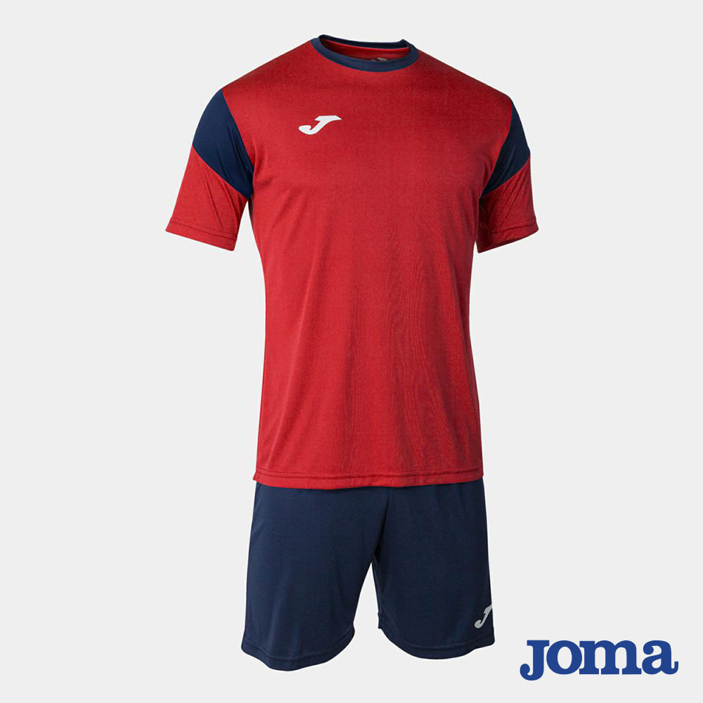 Kit calcio Joma Phoenix rosso e blu navy con maglia bicolore a maniche corte e pantaloncini blu navy