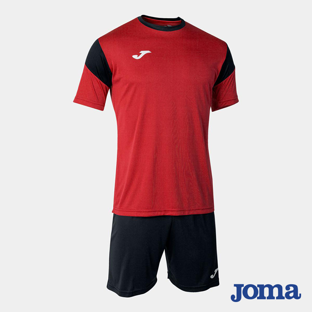 Kit calcio Joma Phoenix rosso e nero con maglia bicolore a maniche corte e pantaloncini neri