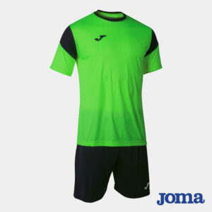 Kit calcio Joma Phoenix verde fluo e nero con maglia bicolore a maniche corte e pantaloncini neri