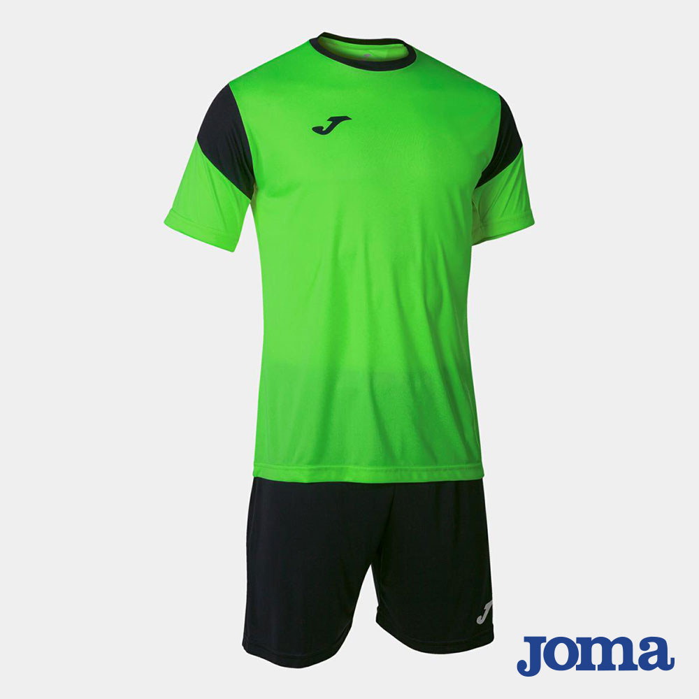 Kit calcio Joma Phoenix verde fluo e nero con maglia bicolore a maniche corte e pantaloncini neri