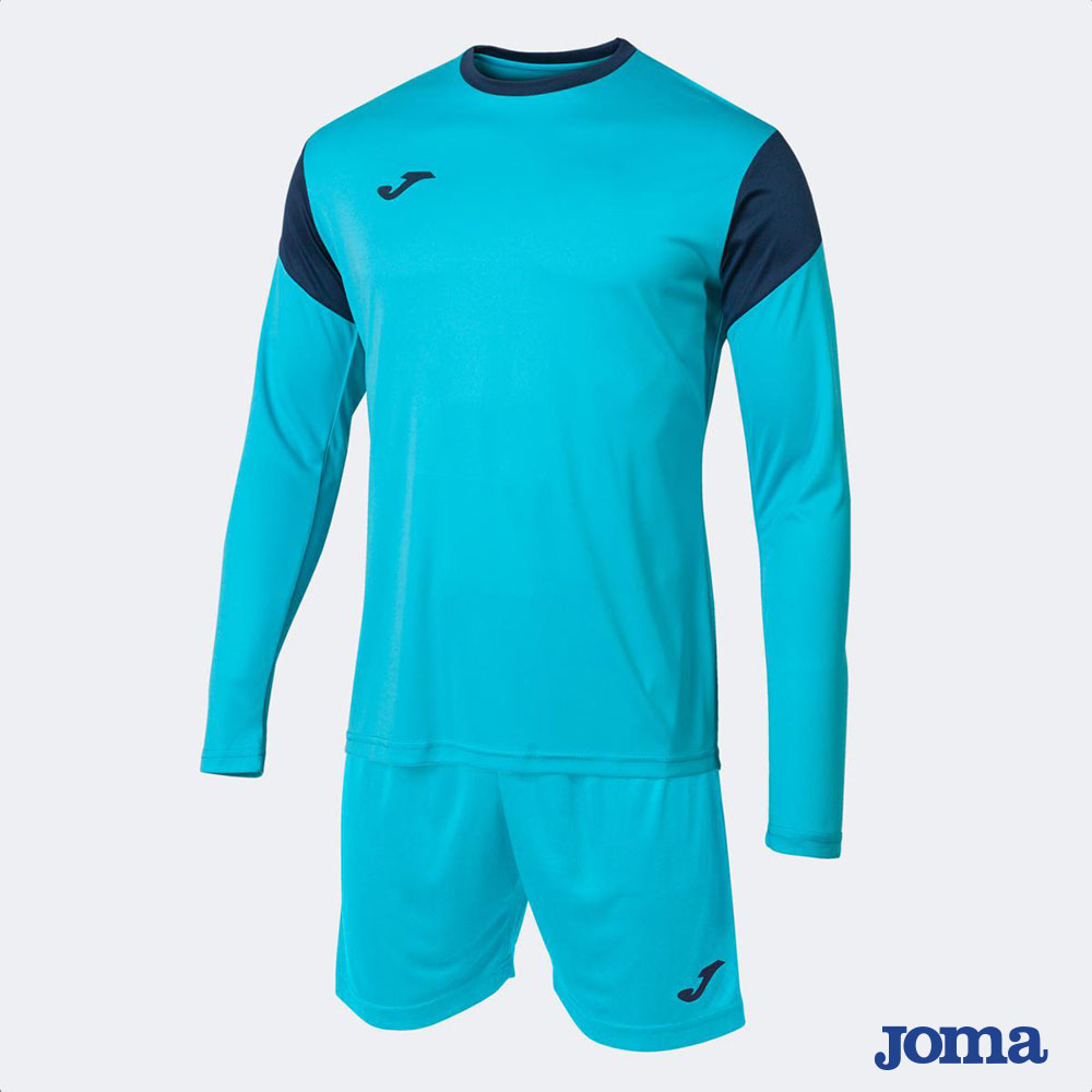 Kit calcio Joma Phoenix a manica lunga turchese con inserti blu navy sulle spalle e pantaloncini coordinati