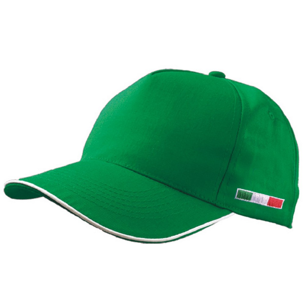 Cappello golf verde 5 pannelli in cotone con bandiera italiana ricamata e visiera con profilo bianco