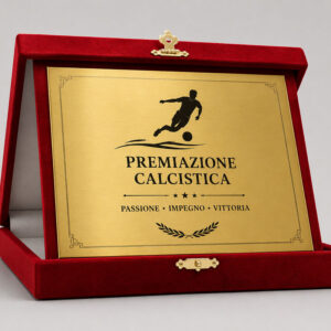 Targa commemorativa oro personalizzata per premiazione calcistica con astuccio in velluto rosso