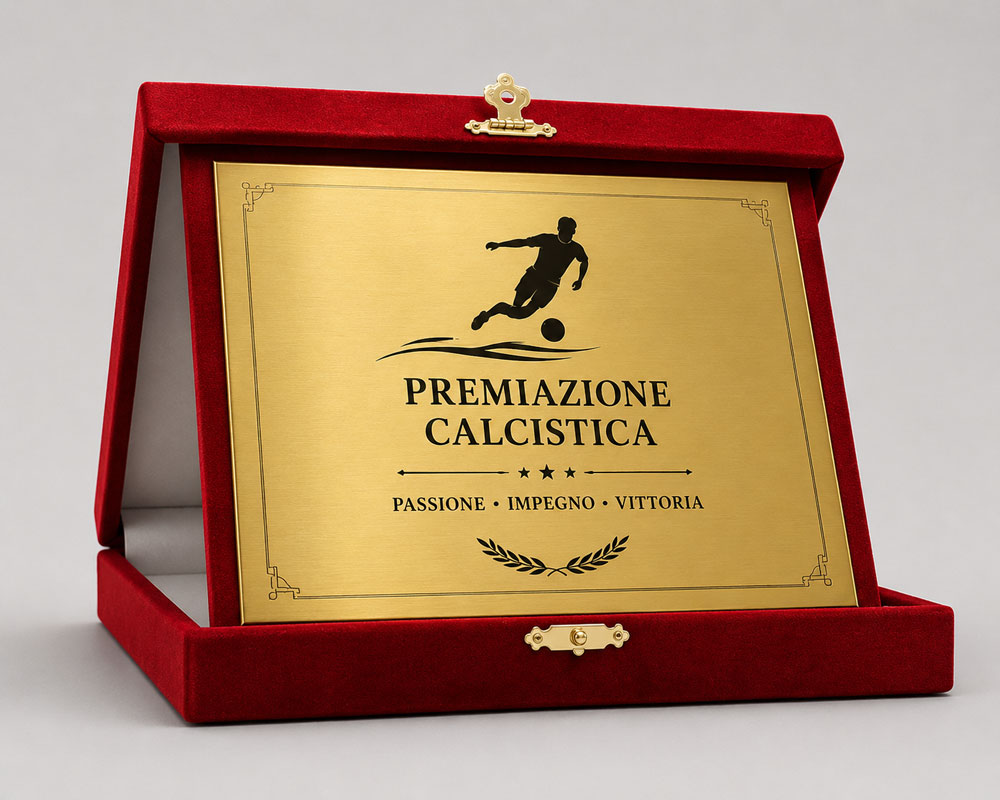 Targa commemorativa oro personalizzata per premiazione calcistica con astuccio in velluto rosso