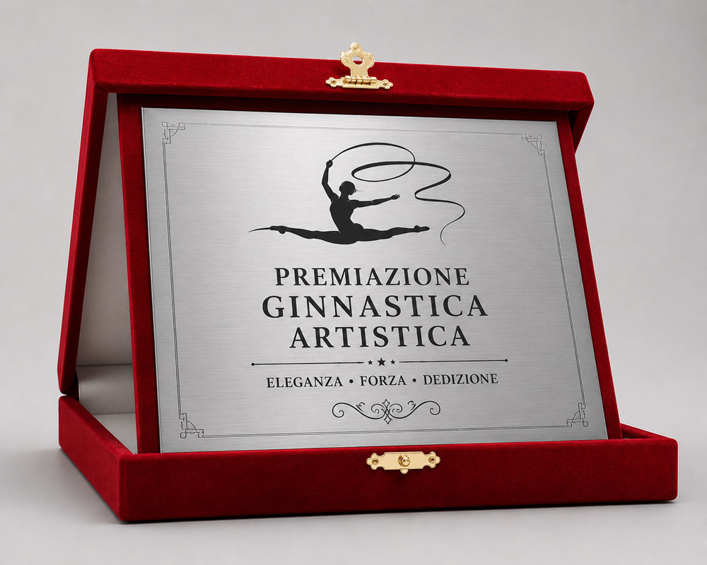 Targa commemorativa argento personalizzata per premiazione ginnastica artistica con astuccio in velluto rosso