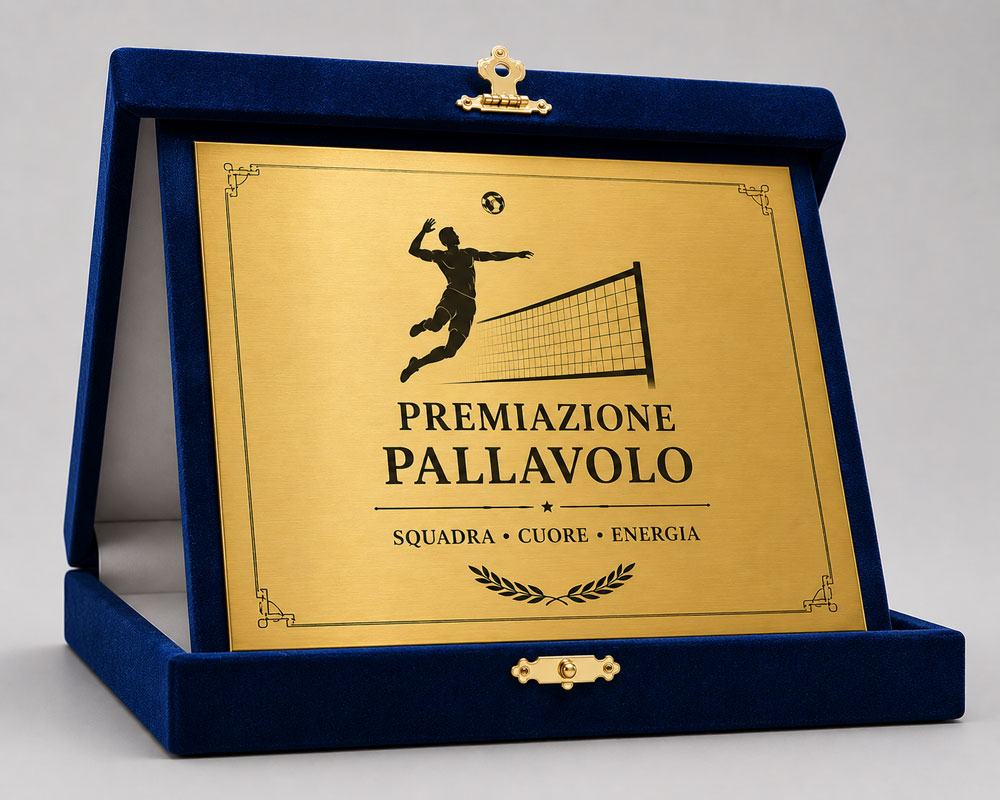 Targa commemorativa oro personalizzata per premiazione pallavolo con astuccio in velluto blu