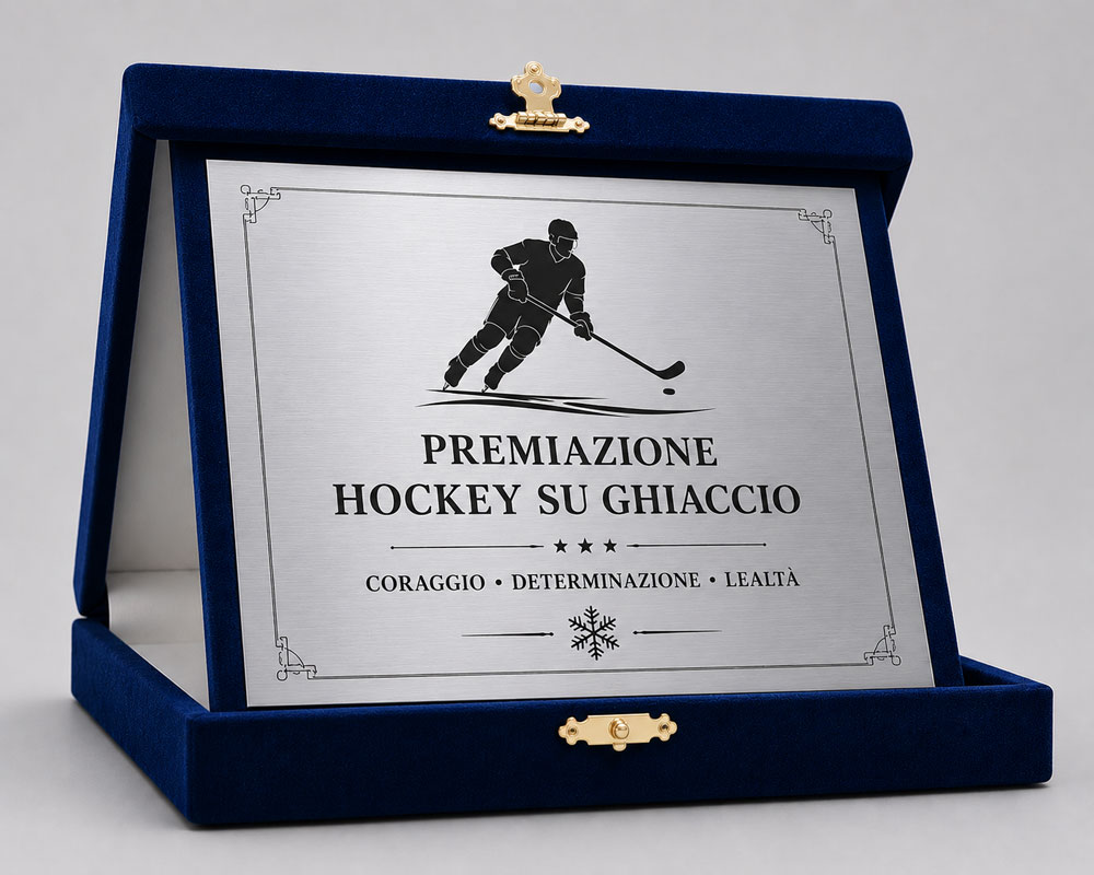 Targa commemorativa argento personalizzata per premiazione hockey su ghiaccio con astuccio in velluto blu