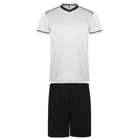 Kit calcio e allenamento traspirante colore bianco con finiture e pantalone corto nero