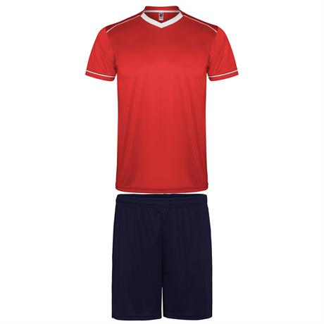Kit calcio e allenamento traspirante colore rosso con pantalone corto blu navy