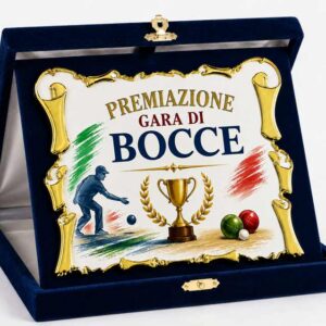 Targa ricordo per premiazione gara di bocce con cornice dorata in astuccio di velluto blu