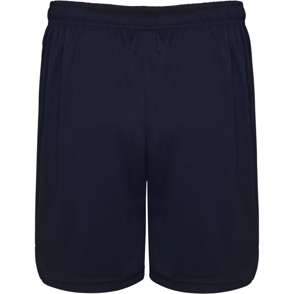 Vista posteriore del pantalone corto tecnico blu notte abbinato al completo sportivo unisex e divisa calcio