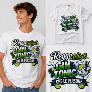 Ragazzo che indossa la t-shirt gin tonic bianca Payper 100% cotone con la scritta Reggo piu il gin tonic che le persone
