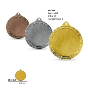tris di medaglie personalizzate modello M-009 in ferro nei colori oro, argento e bronzo con dettagli in rilievo sul bordo