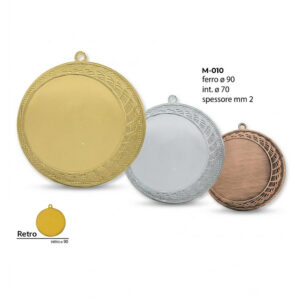 tris di medaglie personalizzate modello M-010 in ferro oro argento e bronzo da novanta millimetri con bordo lavorato e retro liscio