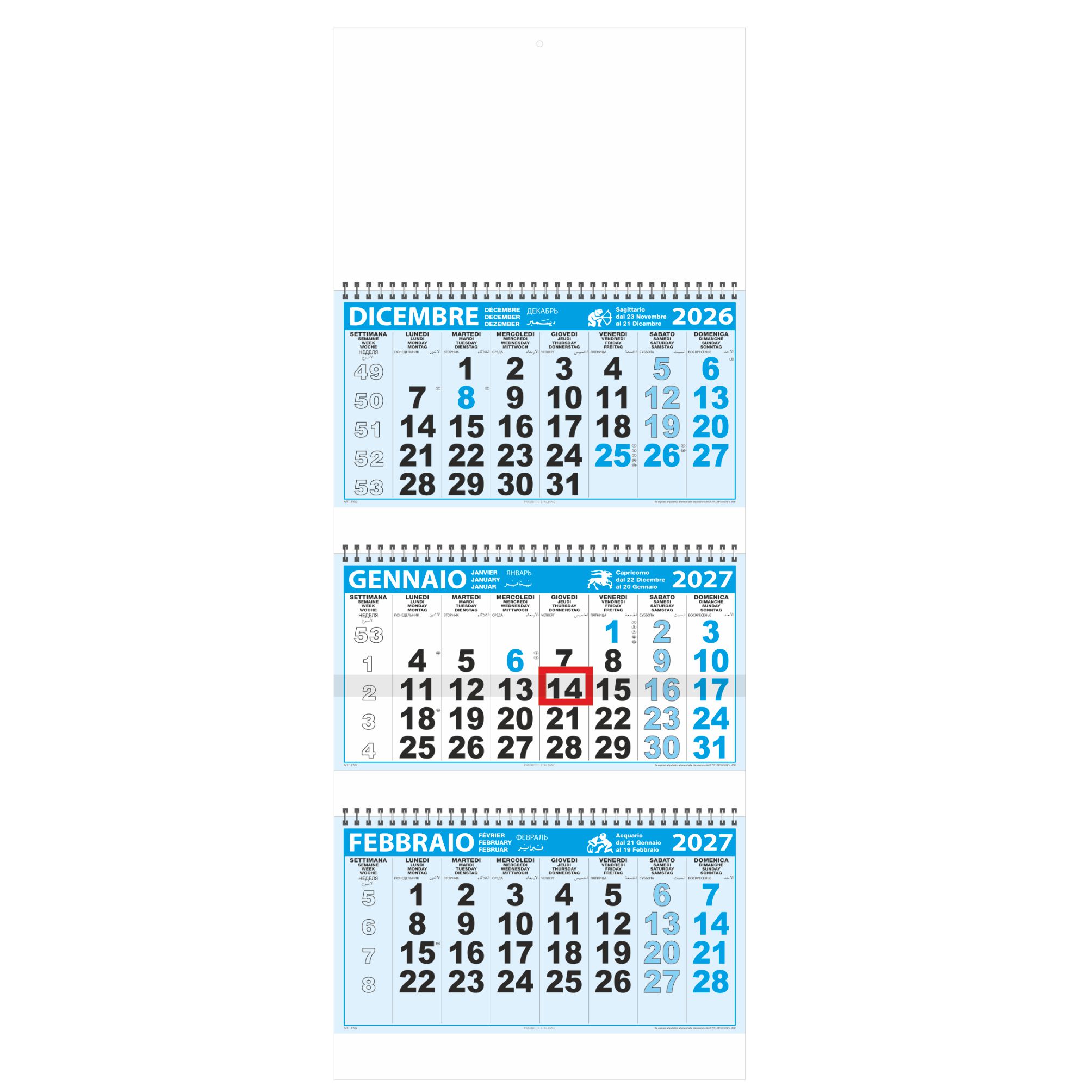 calendario trittico con spirale 12 fogli carta naturale 80gr cursore testata personalizzabile