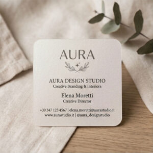 Biglietto da visita quadrato con angoli arrotondati stampato su carta perlata dall'effetto perlato e brillante, adagiato su uno sfondo neutro ed elegante.